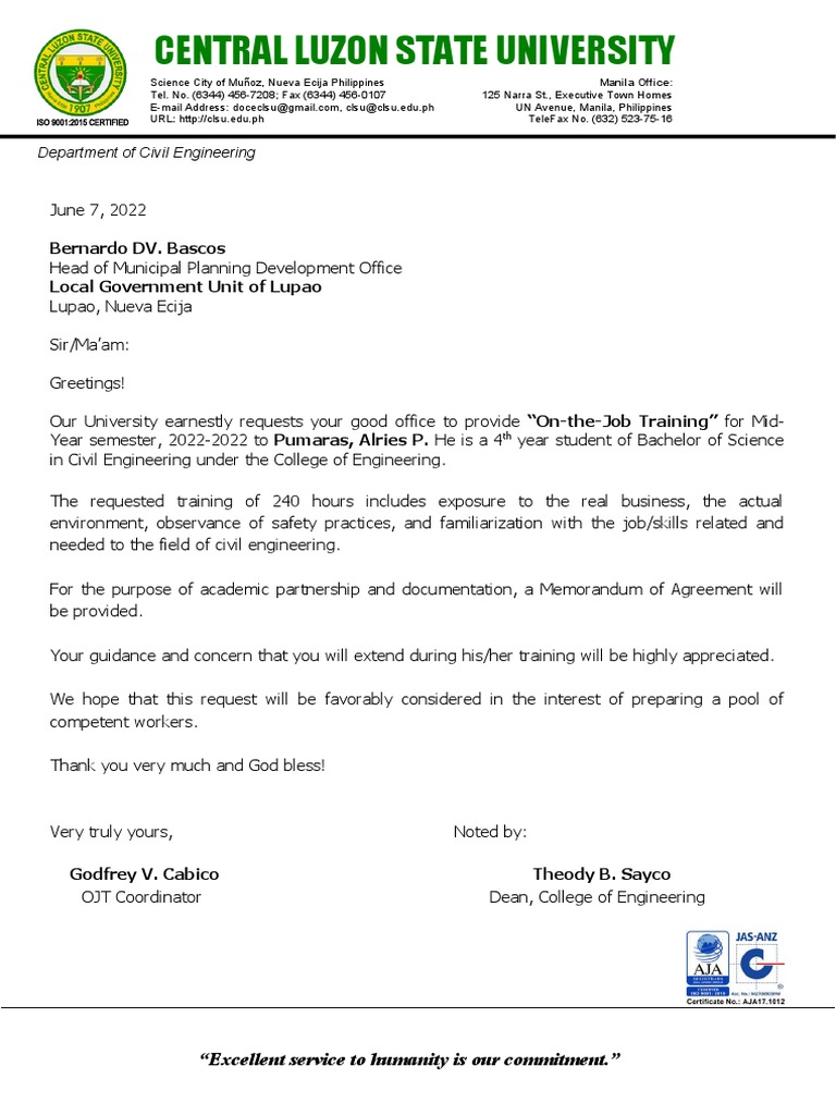 OJT Request for Civil Engineering Student | PDF