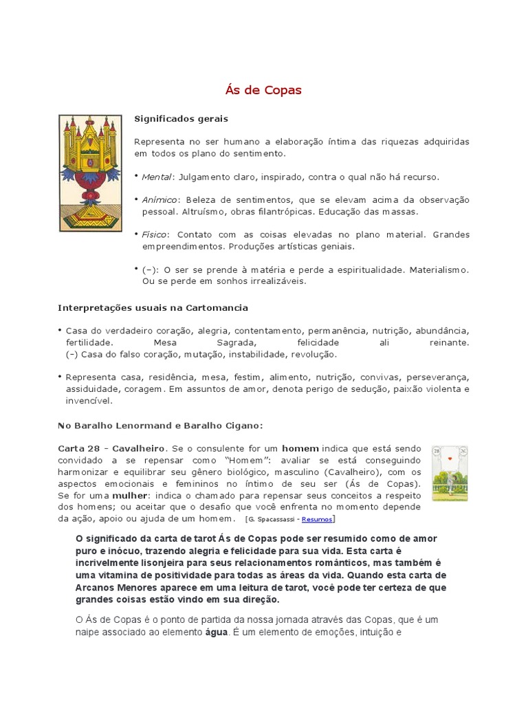 Significado do Ás de Copas no Tarot | PDF | Amor | Tarô