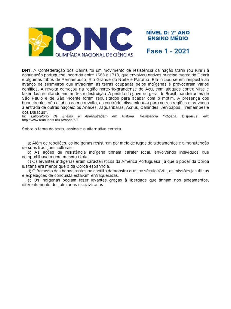 Prova ONC Nivel D 1a Fase 2021 | PDF | Fotossíntese | Tensão superficial