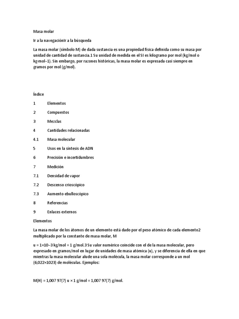 Masa Molar PDF Qu mica Masa