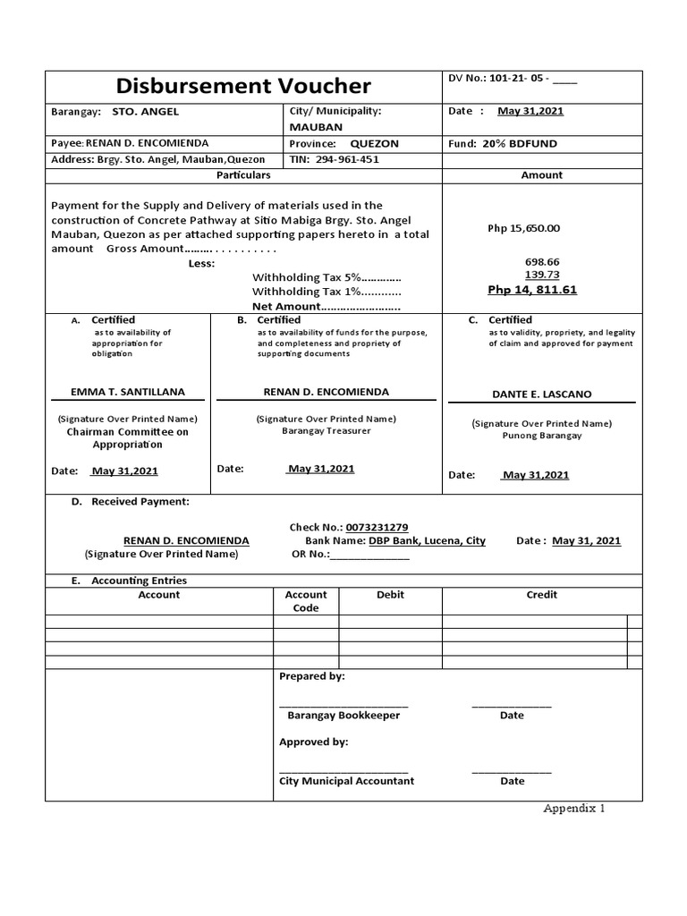Disbursement Voucher2 PDF Payments Bookkeeping