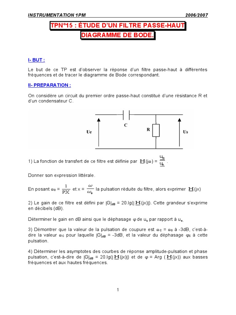 Étude d'un filtre passehaut RC PDF Filtre (électronique — free download