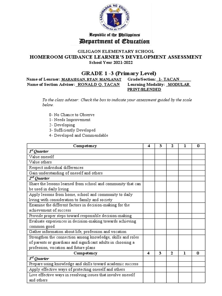 HOMEROOM GUIDANCE LEARNER'S DEVELOPMENT ASSESSMENT (Grades 1-3) | PDF ...