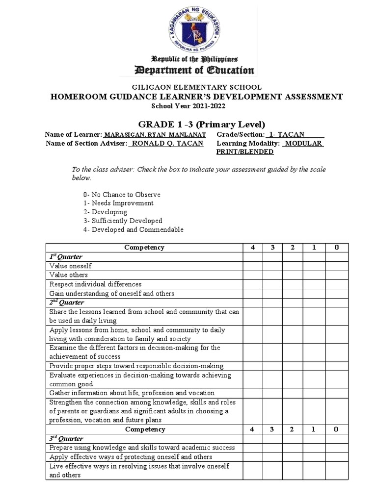 Homeroom Guidance Learners Development Assessment Grades 1 3 Pdf