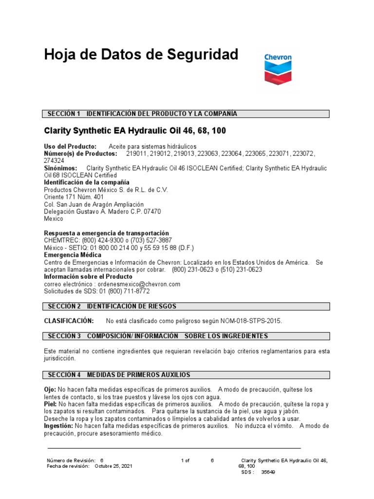 Chevron Hydraulic OIL AWM ISO 68 PDF Toxicidad Contaminación