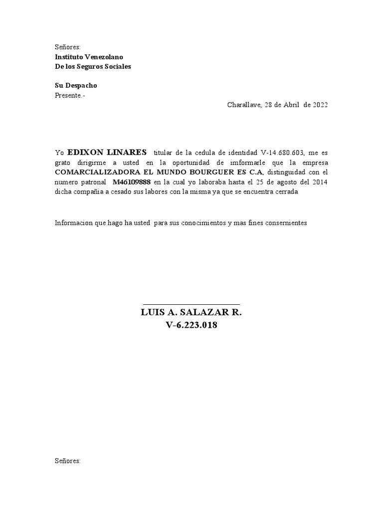 Carta Al Seguro Social PDF Venezuela