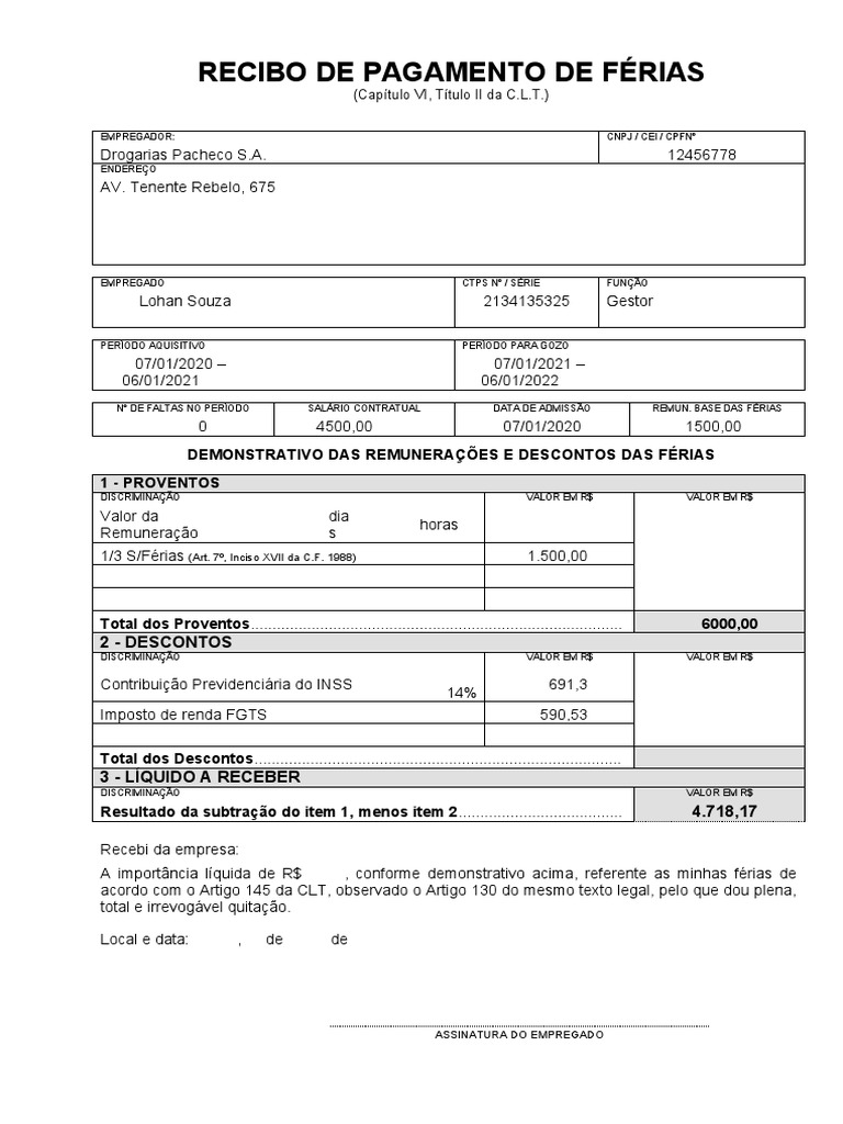 Recibo de ferias (1) | PDF | Férias trabalhistas | Economias