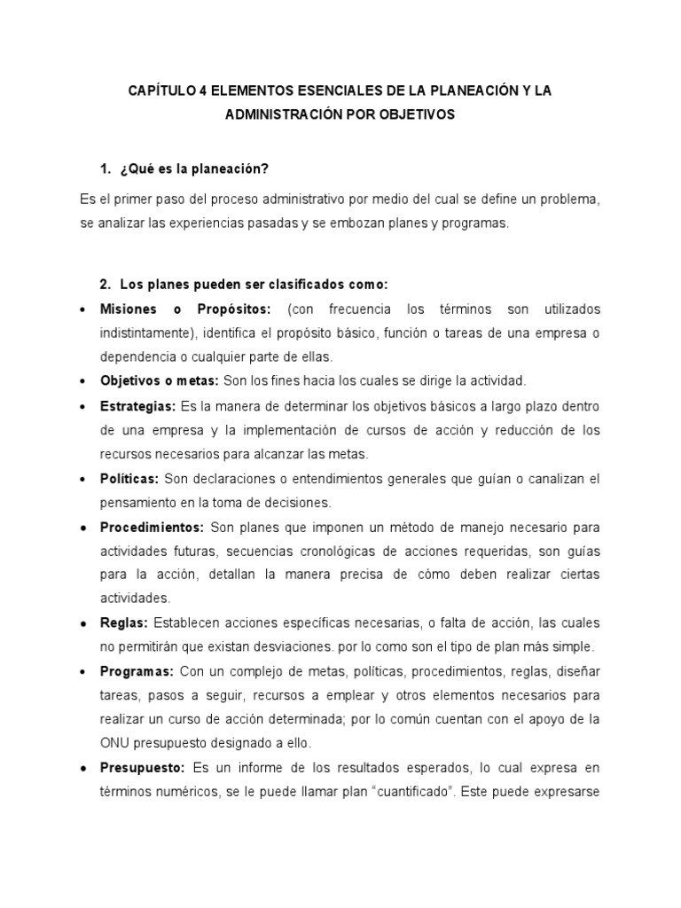Capítulo 4 Elementos Esenciales de La Planeación y La Administración ...