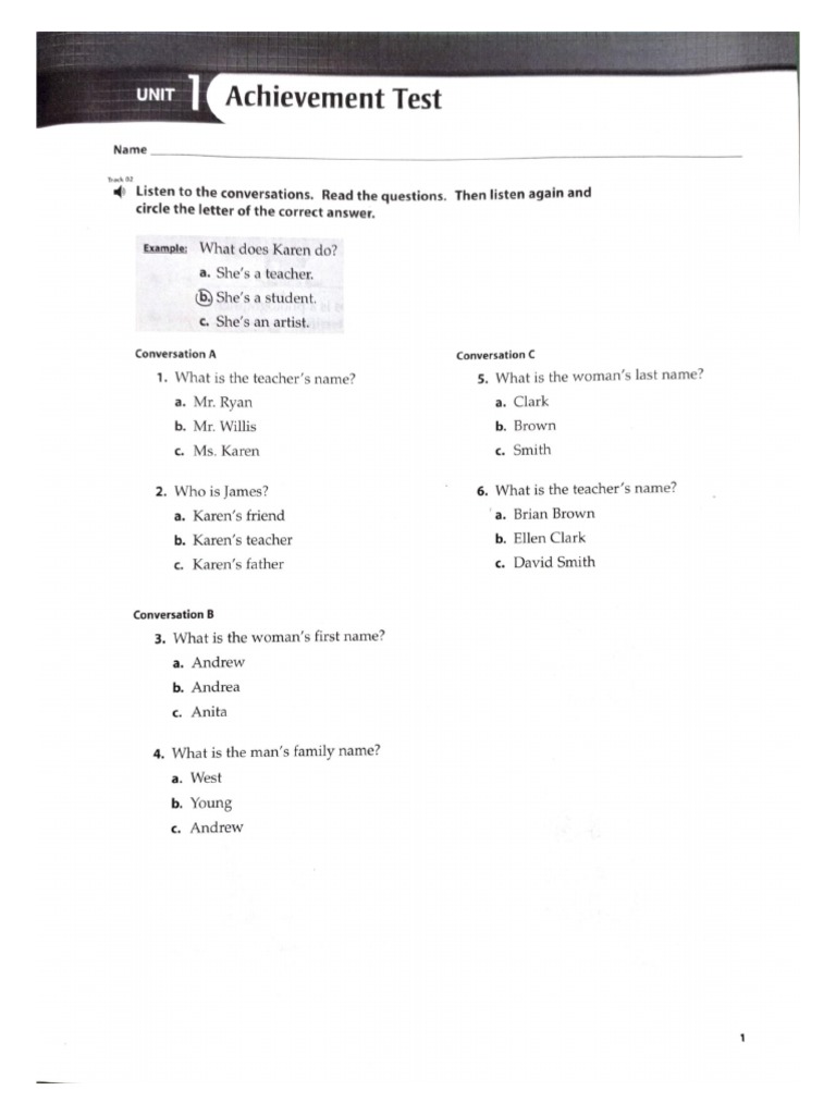 Top Notch 1 Achivement Test Unit 1 | PDF