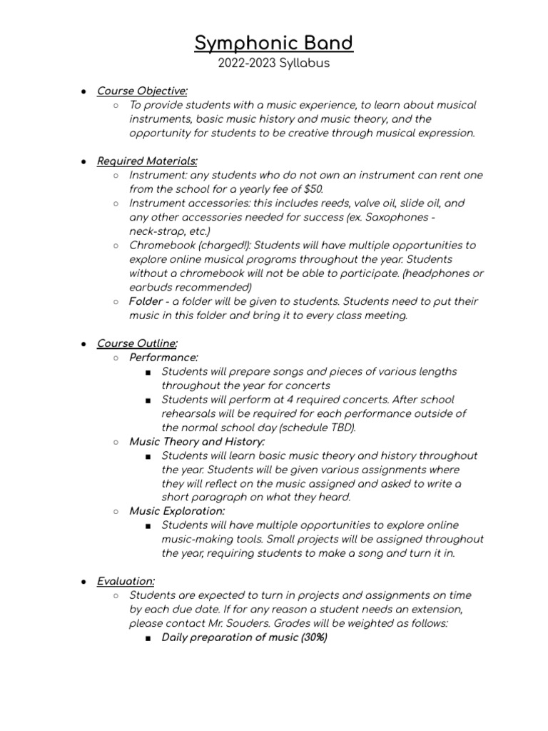 Symphonic Band Syllabus 1 PDF Performing Arts