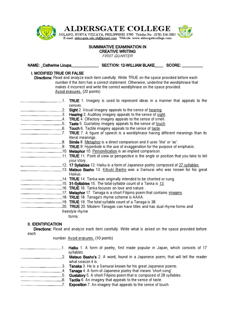 creative writing summative test answer key 1st quarter