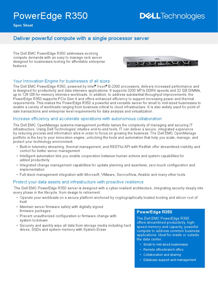 Dell EMC PowerEdge R350 Spec Sheet | PDF | Solid State Drive | Computing