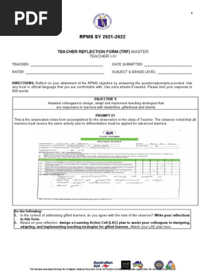 [Appendix 4B] Teacher Reflection Form for MT I-IV for RPMS SY 2021-2022