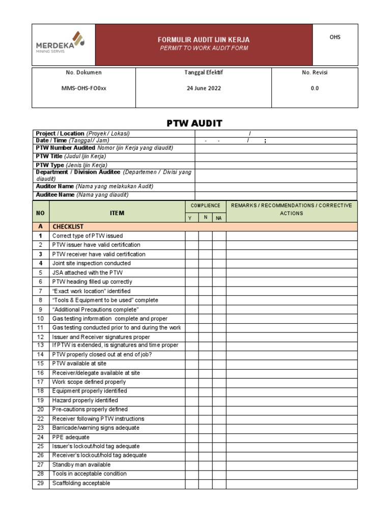 PTW Audit Checklist Form | PDF | Audit | Business