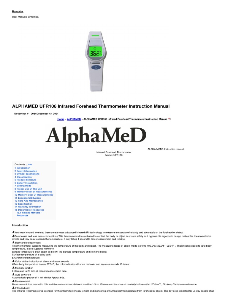 FT ALPHAMED UFR106 Infrared Forehead Thermometer PDF Radio