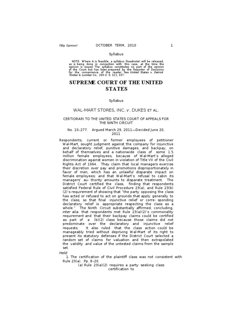 Supreme Court of The United States WalMart Stores, Inc. V. Dukes