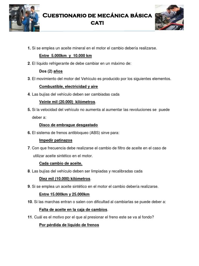 Cuestionario Mecanica Basica Autos | PDF | Transmisión (Mecánica ...