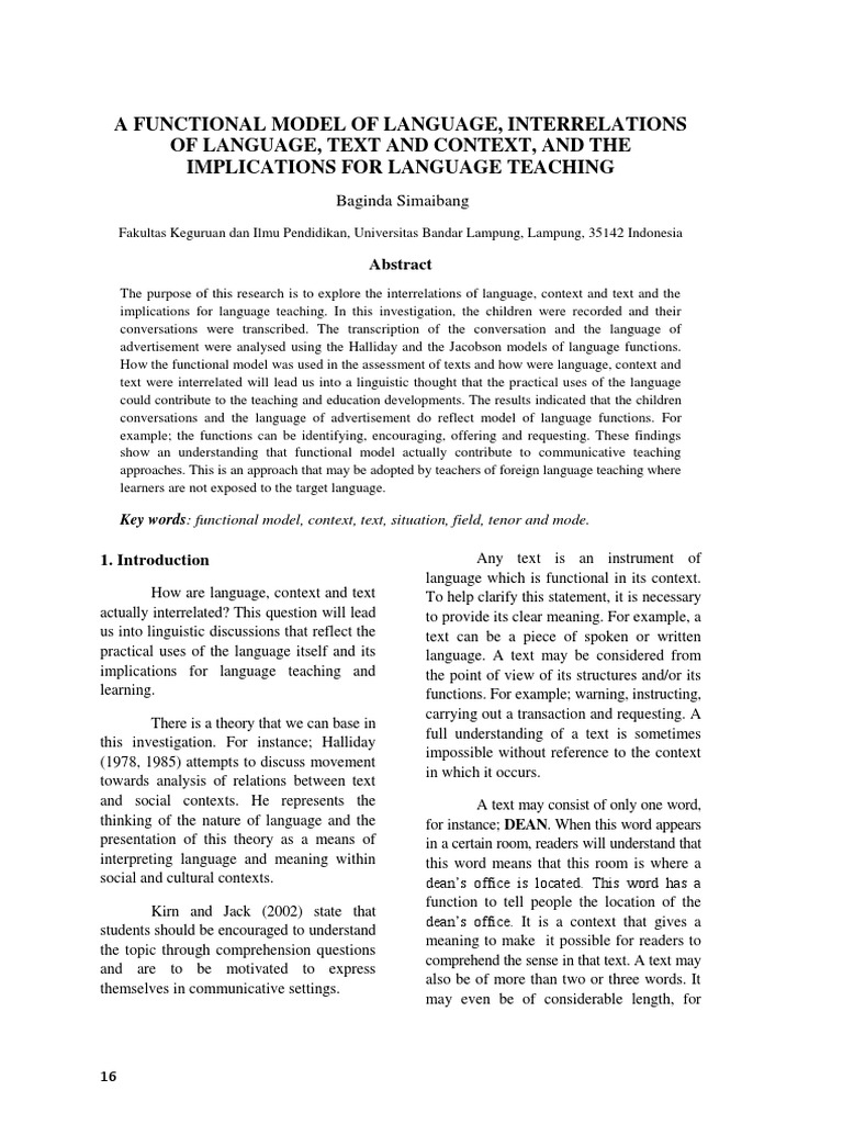 A FUNCTIONAL MODEL OF LANGUAGE, INTERRELATIONS of Language, Text, and