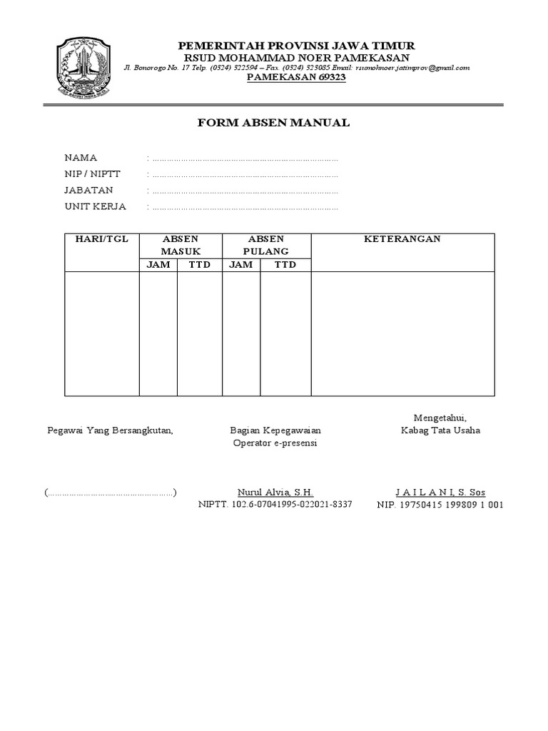 Form Absen Manual Pegawai RSUD | PDF
