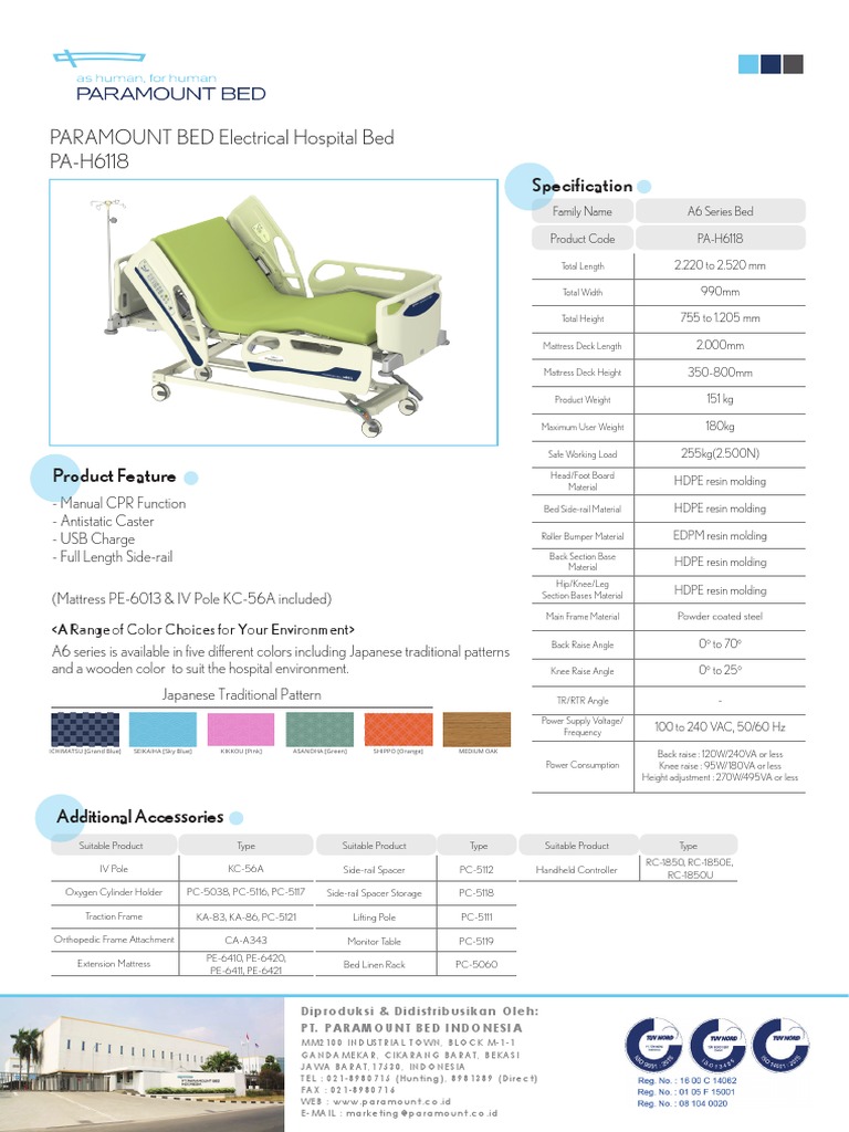PAH6118 PARAMOUNT BED Electrical Hospital Bed Specification PDF