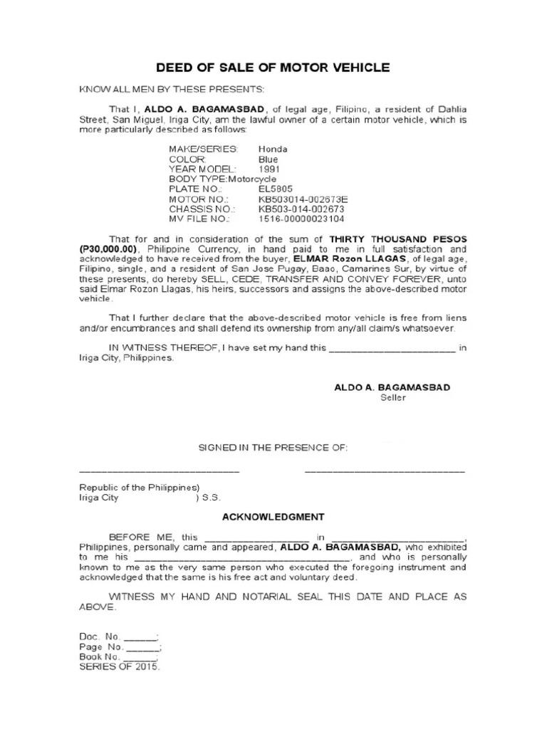 Deed of Sale Motorcycle | PDF