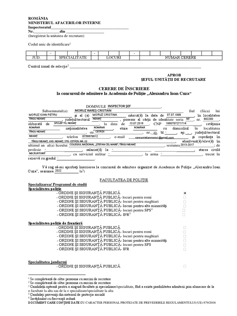Cerere Inscriere - Moruz Rares Cristian | PDF