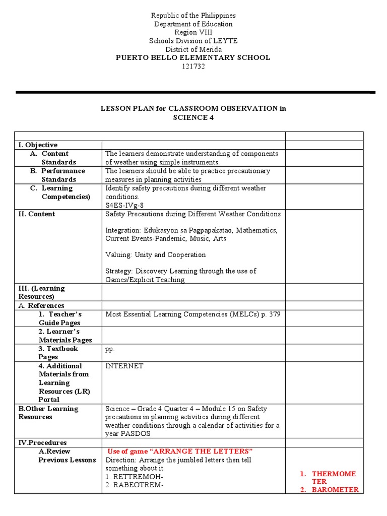 Cot Lesson Plan Science 4 Quarter 4 Pdf Lesson Plan Learning