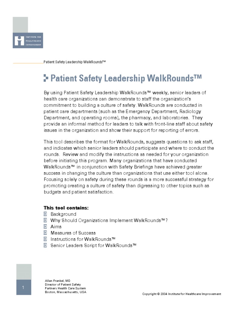 IHI Patient Safety Leadership Walk Rounds Tool | PDF | Patient Safety ...