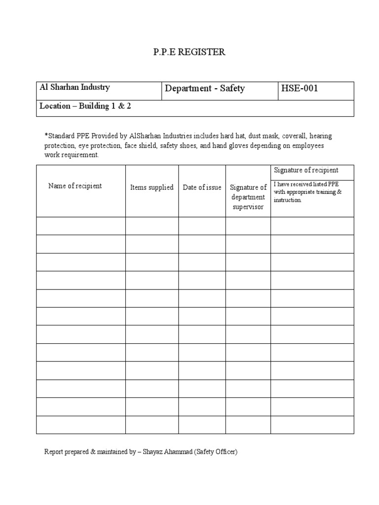 PPE Register for Al Sharhan Industries | PDF