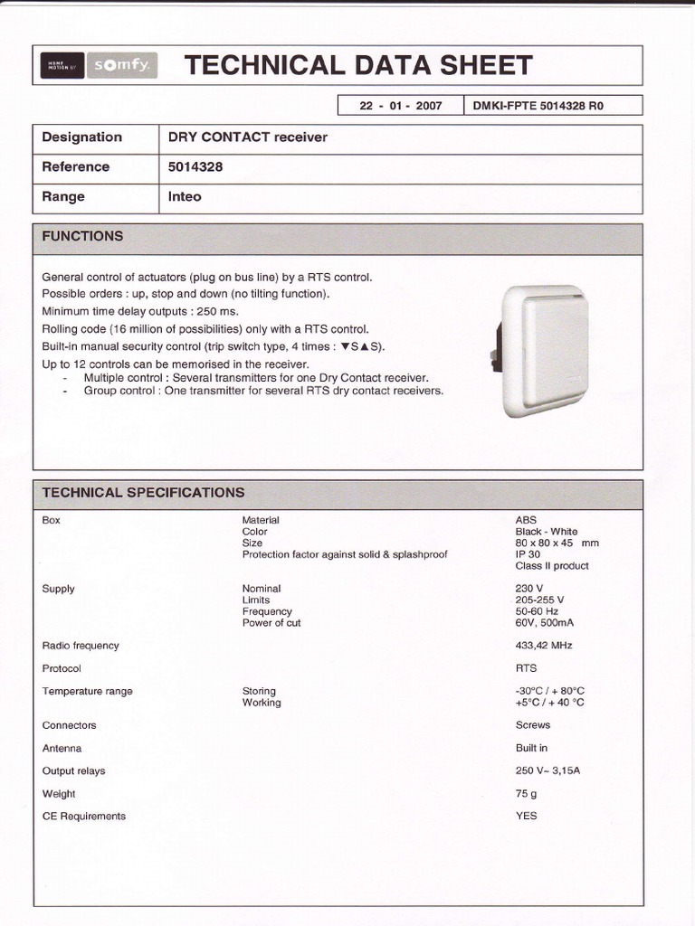 Technical Data Sheet Designation Dry Conïact Receiver Reference