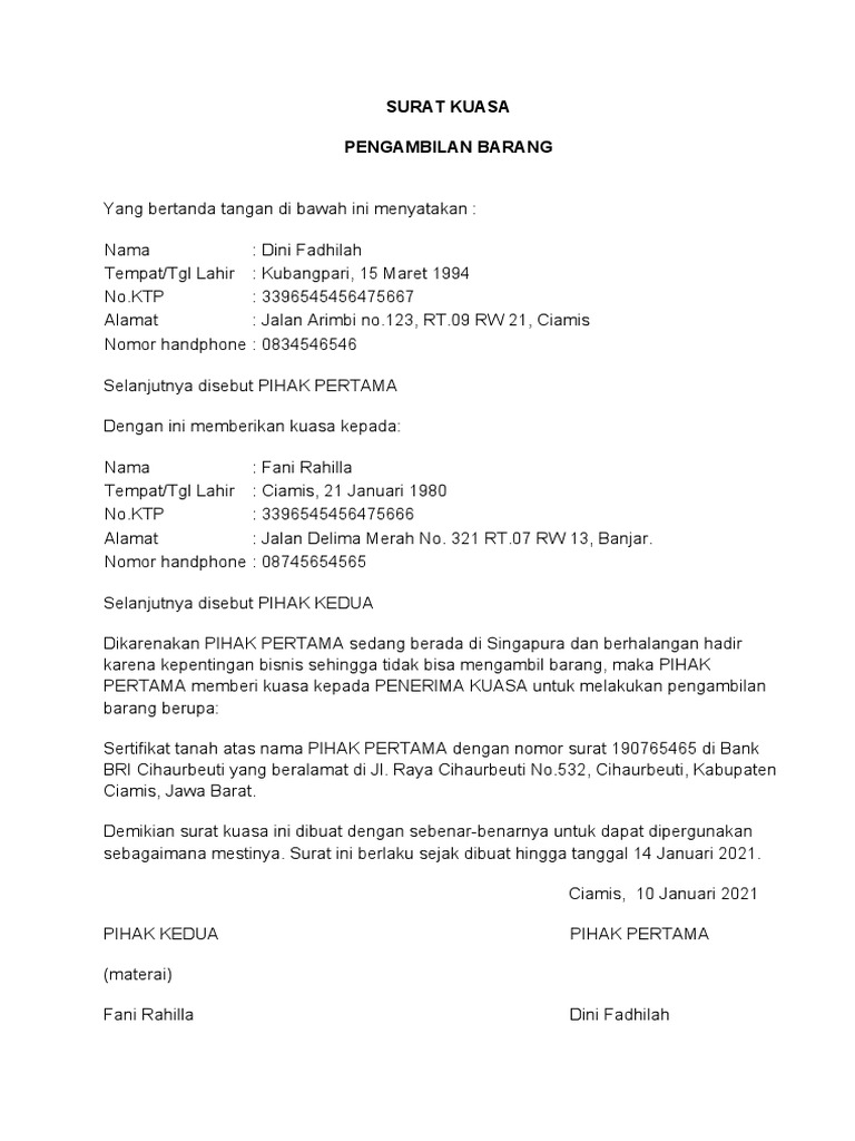 Contoh Surat Kuasa Pengambilan Dokumen Sertifikat Tanah | PDF