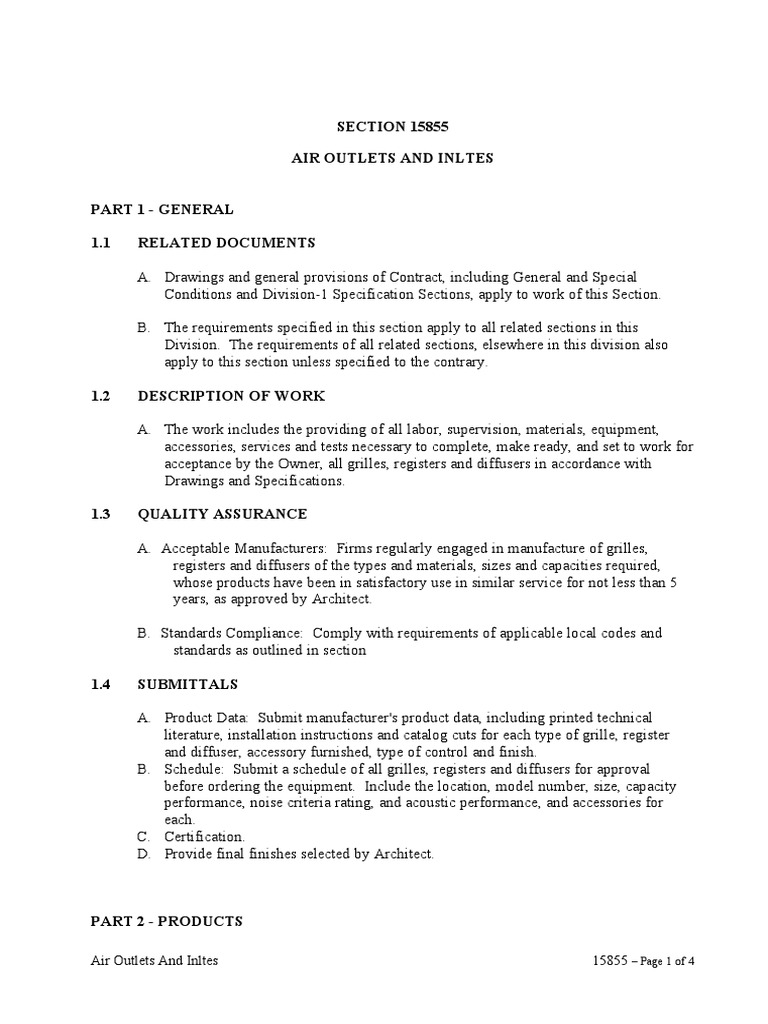 SECTION 15855 Air Outlets and Inltes Part 1 - General 1.1 Related ...