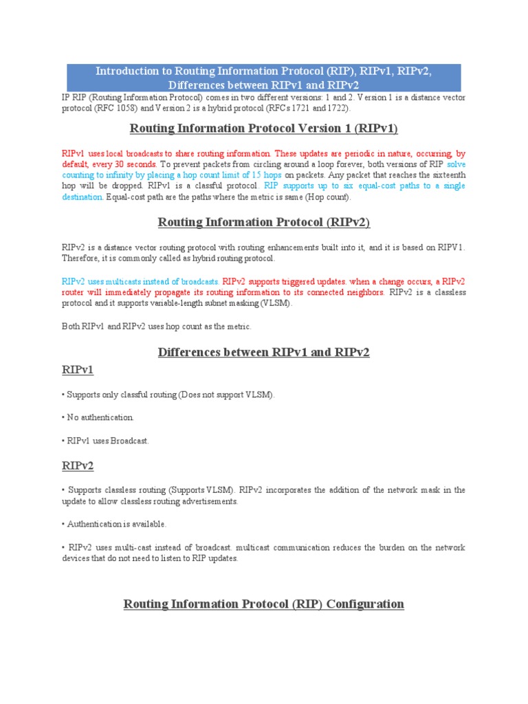 RIPv1 vs RIPv2: Key Differences & Setup | PDF | Routing | Computer Network
