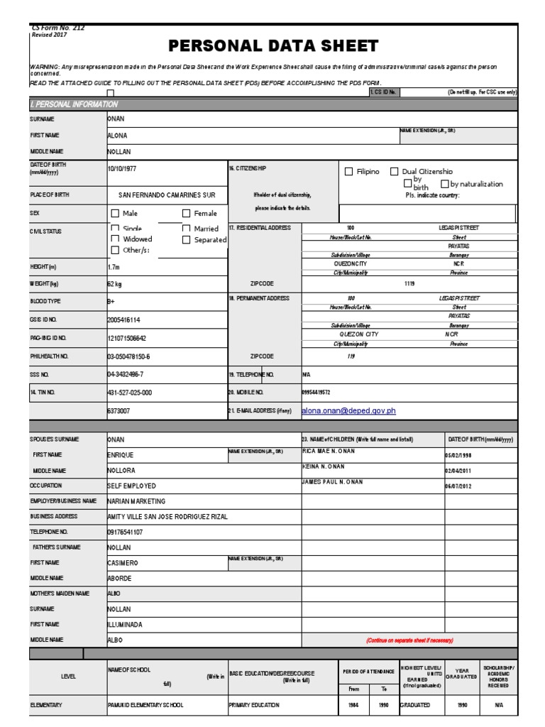 CS Form No. 212 Personal Data Sheet Revised ONAN PDF Teachers College