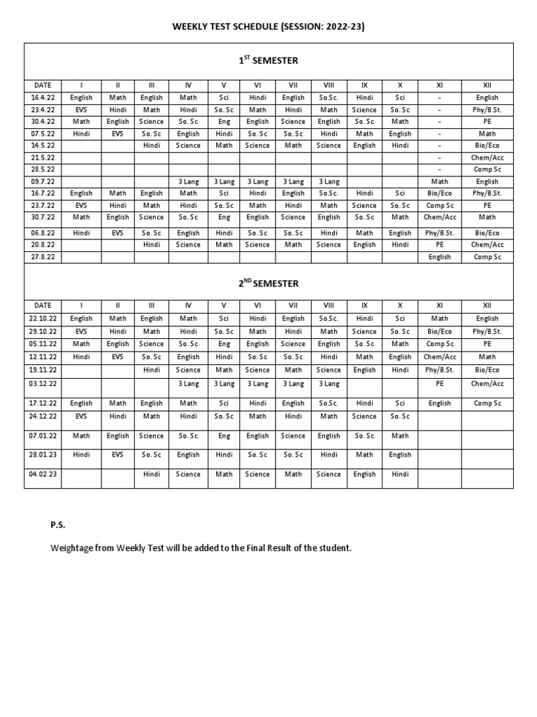 Weekly Test Schedule 202223 PDF
