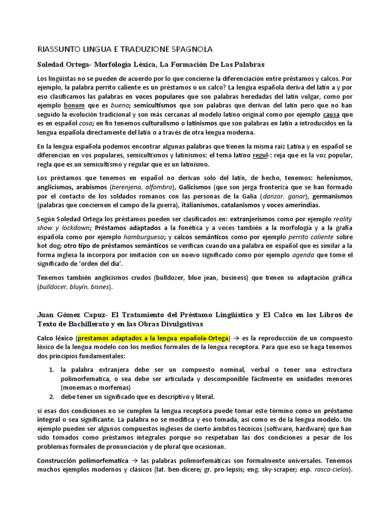 Riassunto Lingua e Traduzione Spagnola II PDF Palabra Verbo
