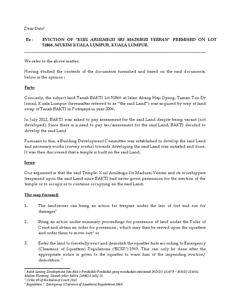 Re Eviction of "Kuil Arulmigu Sri Madurei Veeran" Premised On Lot