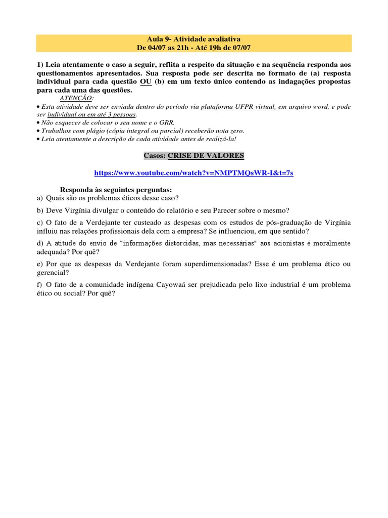 2 - Atividade Avaliativa - Aula 9 | PDF | Carreira e Crescimento | Negócios