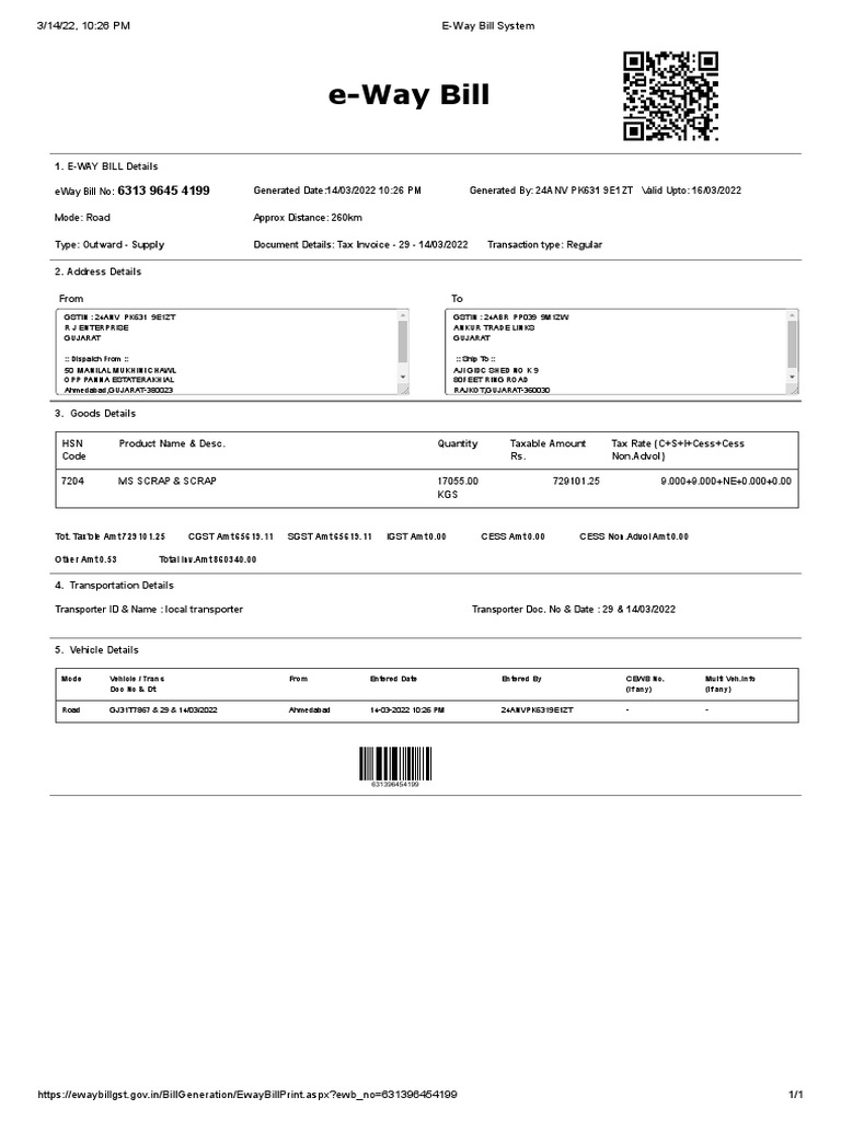 E Way Bill Format1 PDF Public Finance Sales