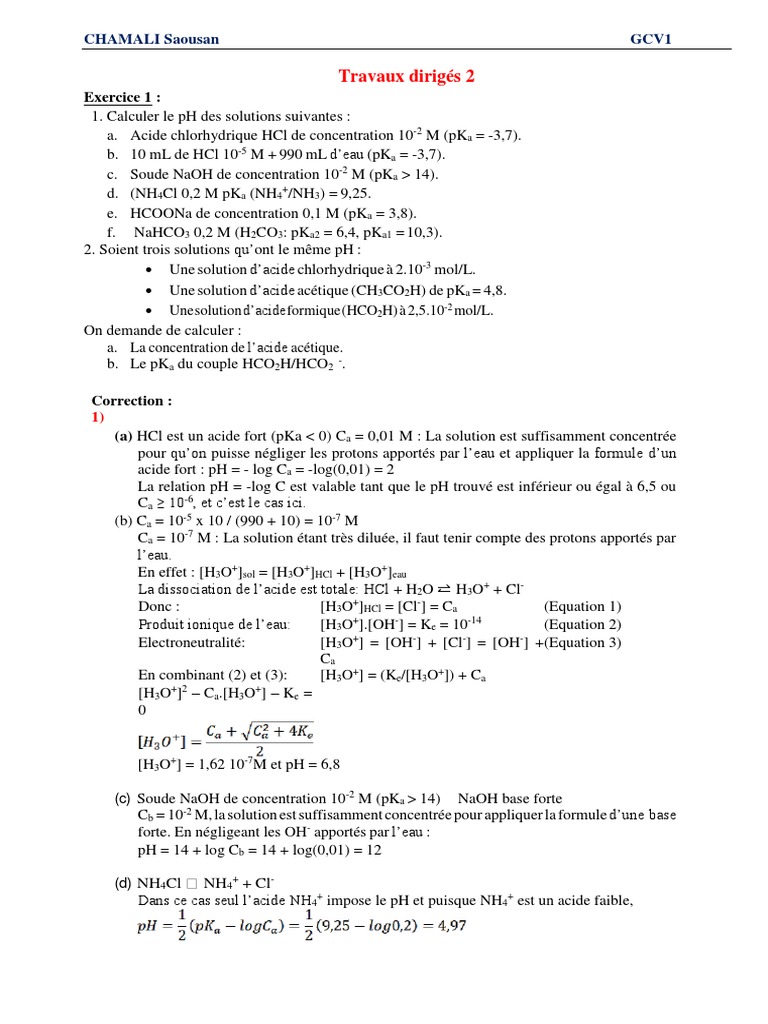 Calcul du pH et pKa des solutions acides | PDF | Ph | Acide