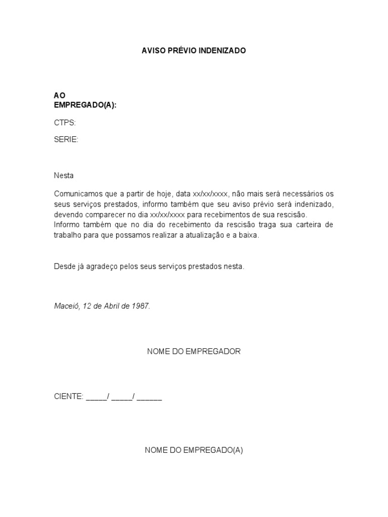 Modelo de Aviso Prévio Indenizado | PDF
