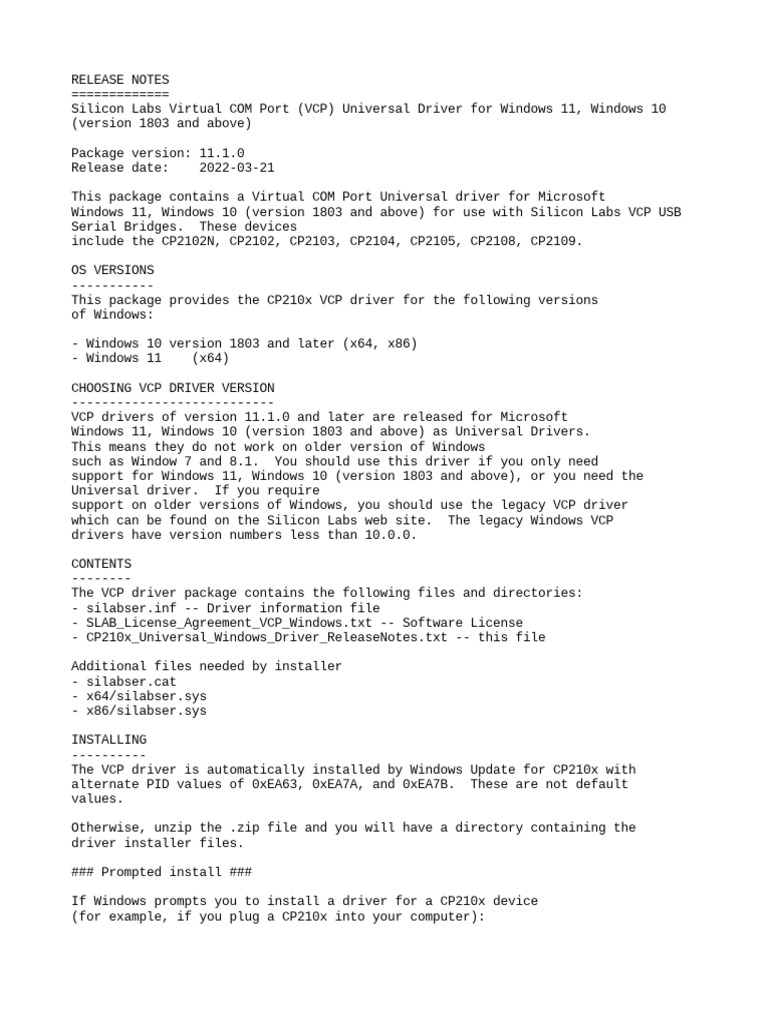 CP210x Universal Windows Driver ReleaseNotes PDF Device Driver