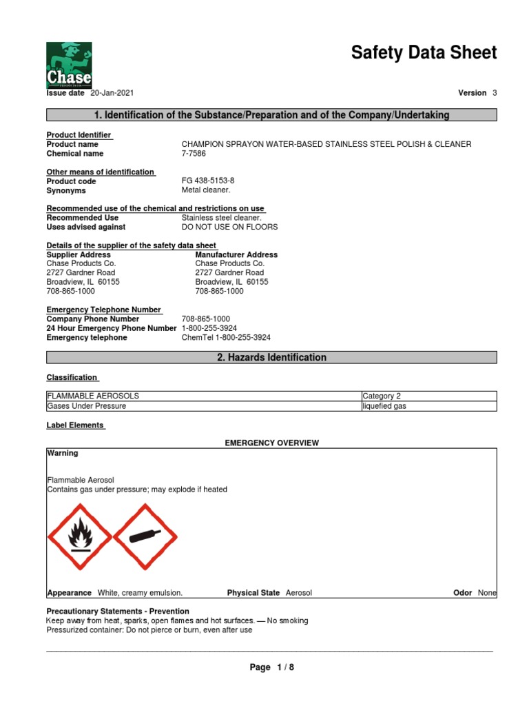 Stainless Steel Cleaner Safety Data Sheet | PDF | Dangerous Goods ...