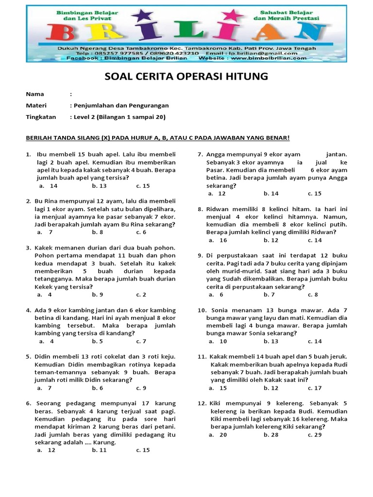 Soal Cerita Penjumlahan Dan Pengurangan Level 2 1 20 Dan Kunci