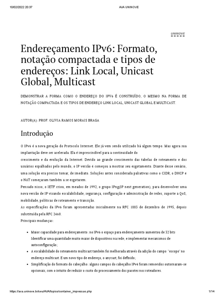 Tipos de Endereços IPv6 e Formato | PDF | I Pv6 | Multicast
