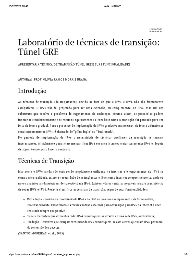 Túnel GRE e Técnicas de Transição IP | PDF | I Pv6 | Rede de computadores
