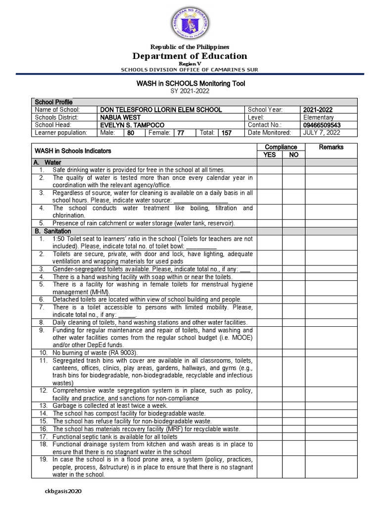 WInS Monitoring Checklist 1 PDF Wash Public Health