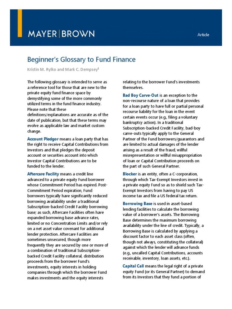 Beginner's Glossary To Fund Finance Kristin M. Rylko and Mark C