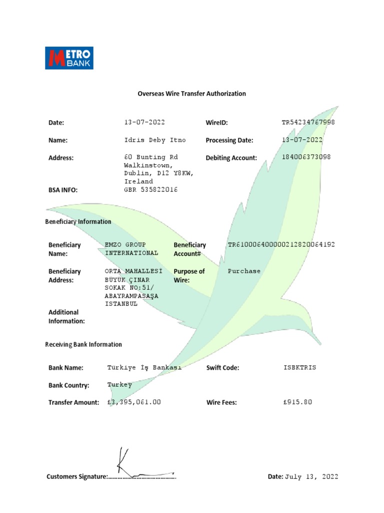 Overseas Wire Transfer Authorization | PDF | Banks | Fedwire