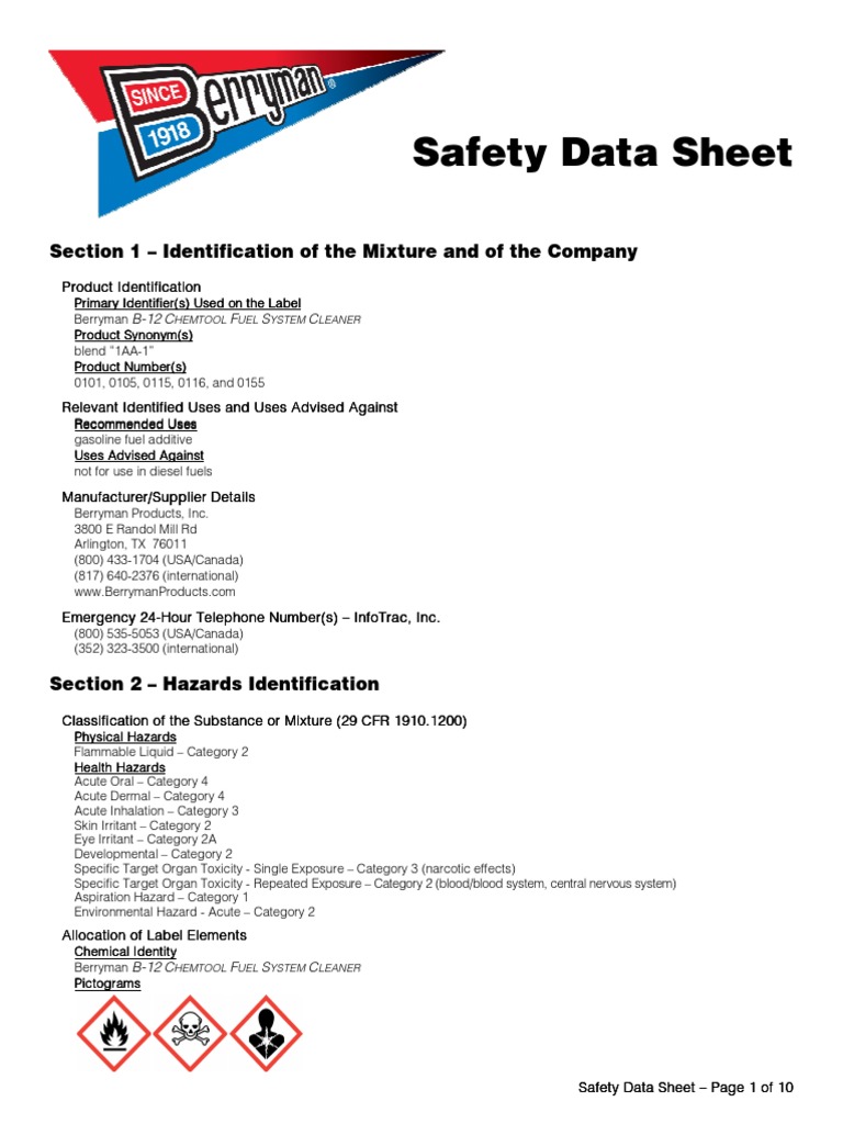 Berryman B-12 Chemtool SDS Overview | PDF | Toxicity | Dangerous Goods